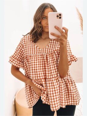 Gingham Ruffle V-Neck Peplum Top - Rust/White